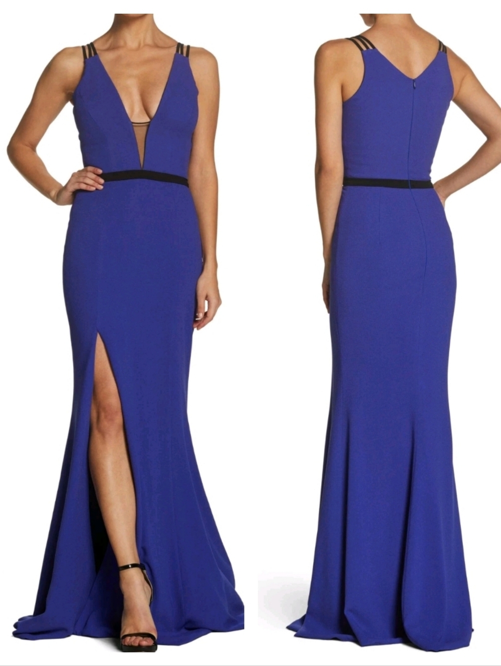 Dress the Population Summer Lana Belted Crepe Gown in Blue Size Large